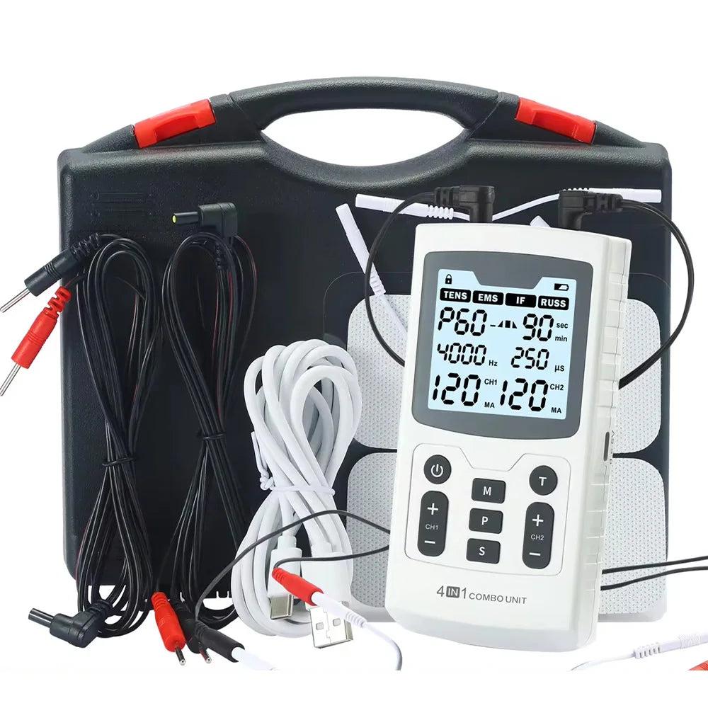 4 In 1 Electric Muscle Stimulator Interferential High-Frequency Physiotherapy Device IFT RUSS TENS Pulse Electrostimulator Hmeily Official Store